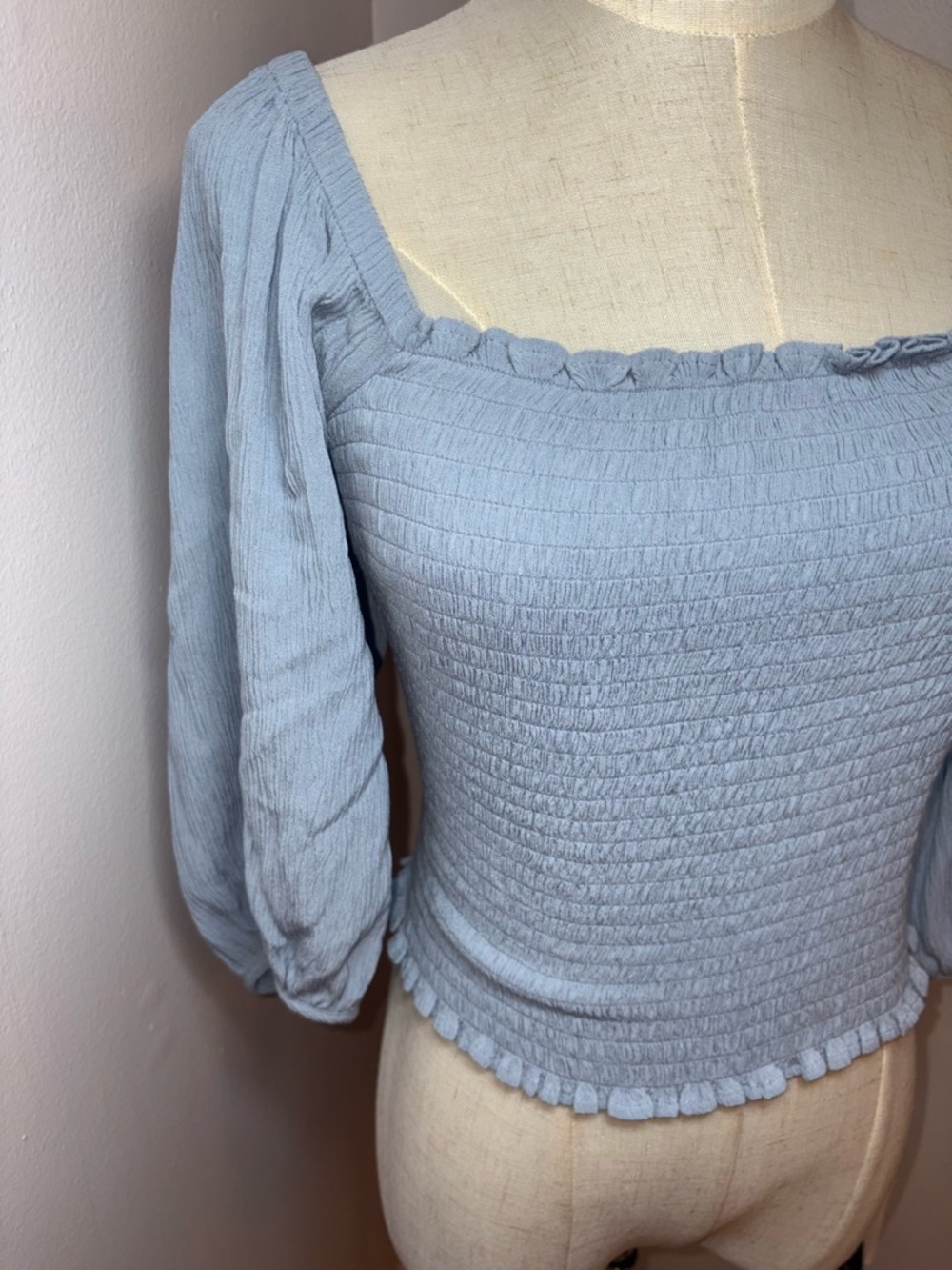 1. State Light Blue Coquette Smocked Bodice Crop Top Puff Sleeve Size Small - Picture 2 of 11